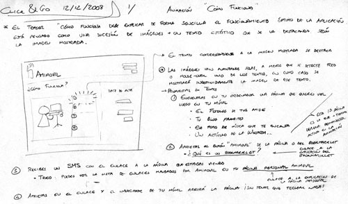 Heavily annotated hand-drawn wireframe for Amimovil homepage