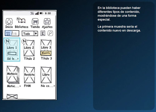 powerpoint excerpt showing Balsamiq wireframe for smartphone eBooks application bookshelf screen