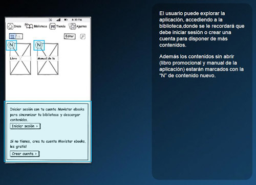 powerpoint excerpt showing Balsamiq wireframe for tablet preview eBooks application bookshelf screen