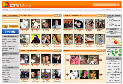 home screen for the new proposal of Terra LATAM Fotolog, including customizable panels and lots of images