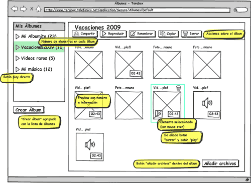 Balsamiq wireframe showing album managing page at Terabox